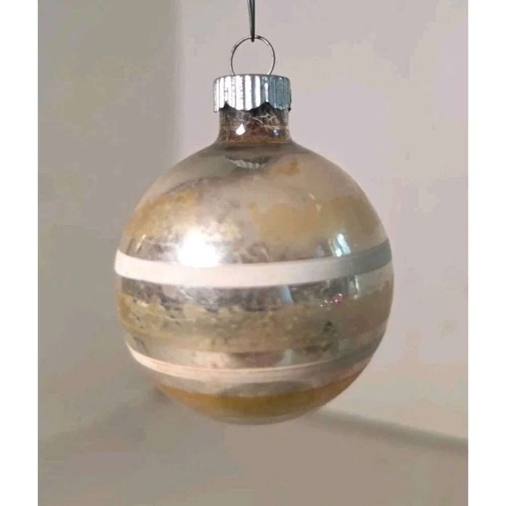 VTG Shiny Brite Gold Silver White Striped Mercury Glass Ball Christmas Ornament